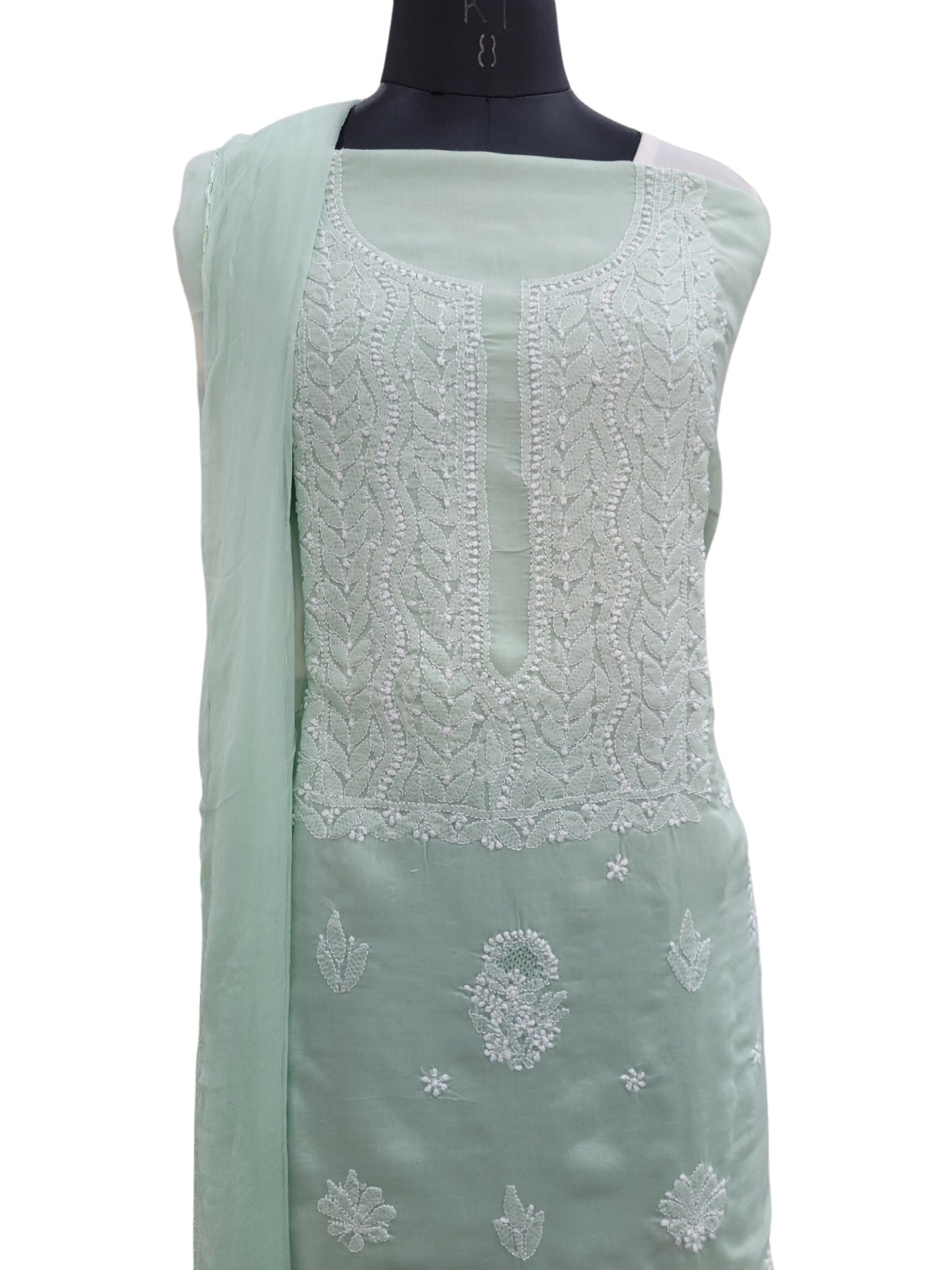 Shyamal Chikan Hand Embroidered Green Cotton Lucknowi Chikankari Unstitched Suit Piece With Jaali Work - S25069