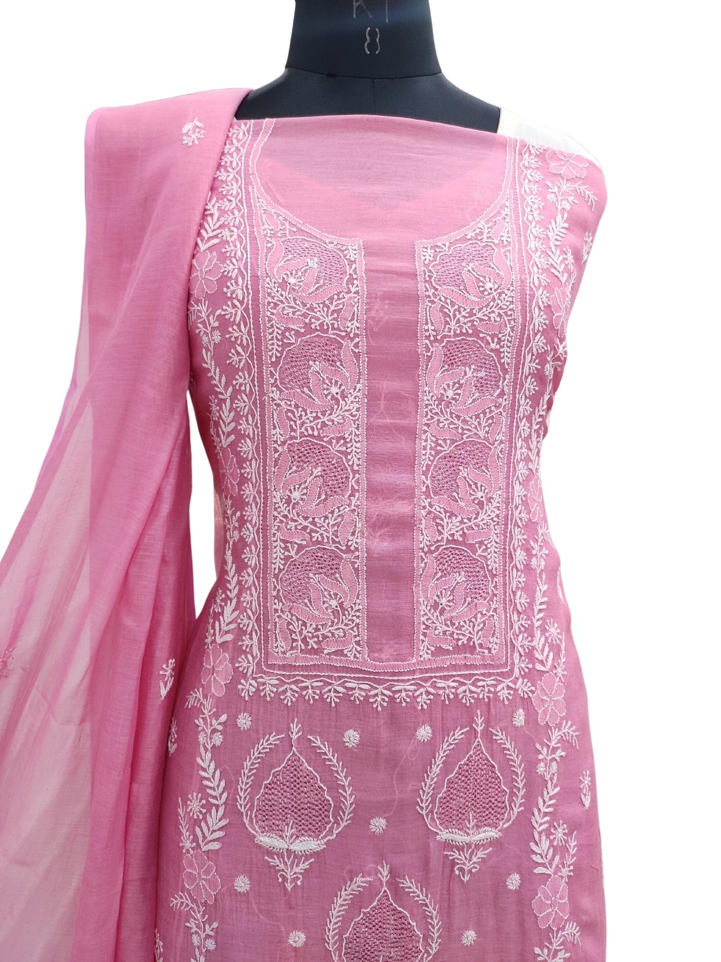 Shyamal Chikan Hand Embroidered Pink Mul Chanderi Lucknowi Chikankari Unstitched Suit Piece with Jaali Work (Kurta Dupatta Set) - S20884