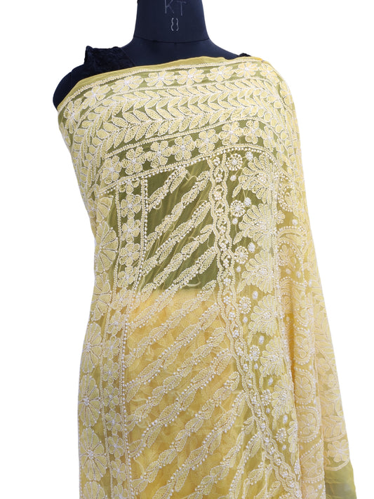 Shyamal Chikan Hand Embroidered Yellow Georgette Lucknowi Chikankari Full Jaal Saree With Blouse Piece - 23990