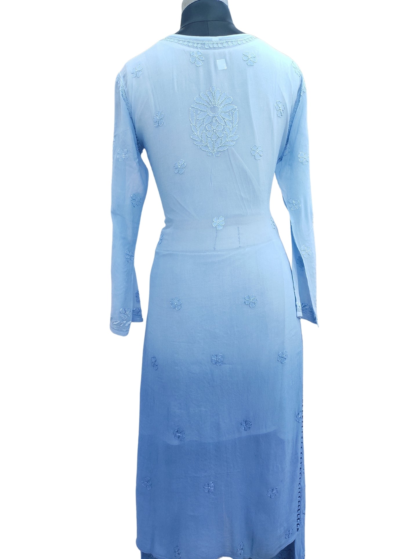 Shyamal Chikan Hand Embroidered Blue Viscose Georgette Lucknowi Chikankari Kurta and Bottom Set - 23662