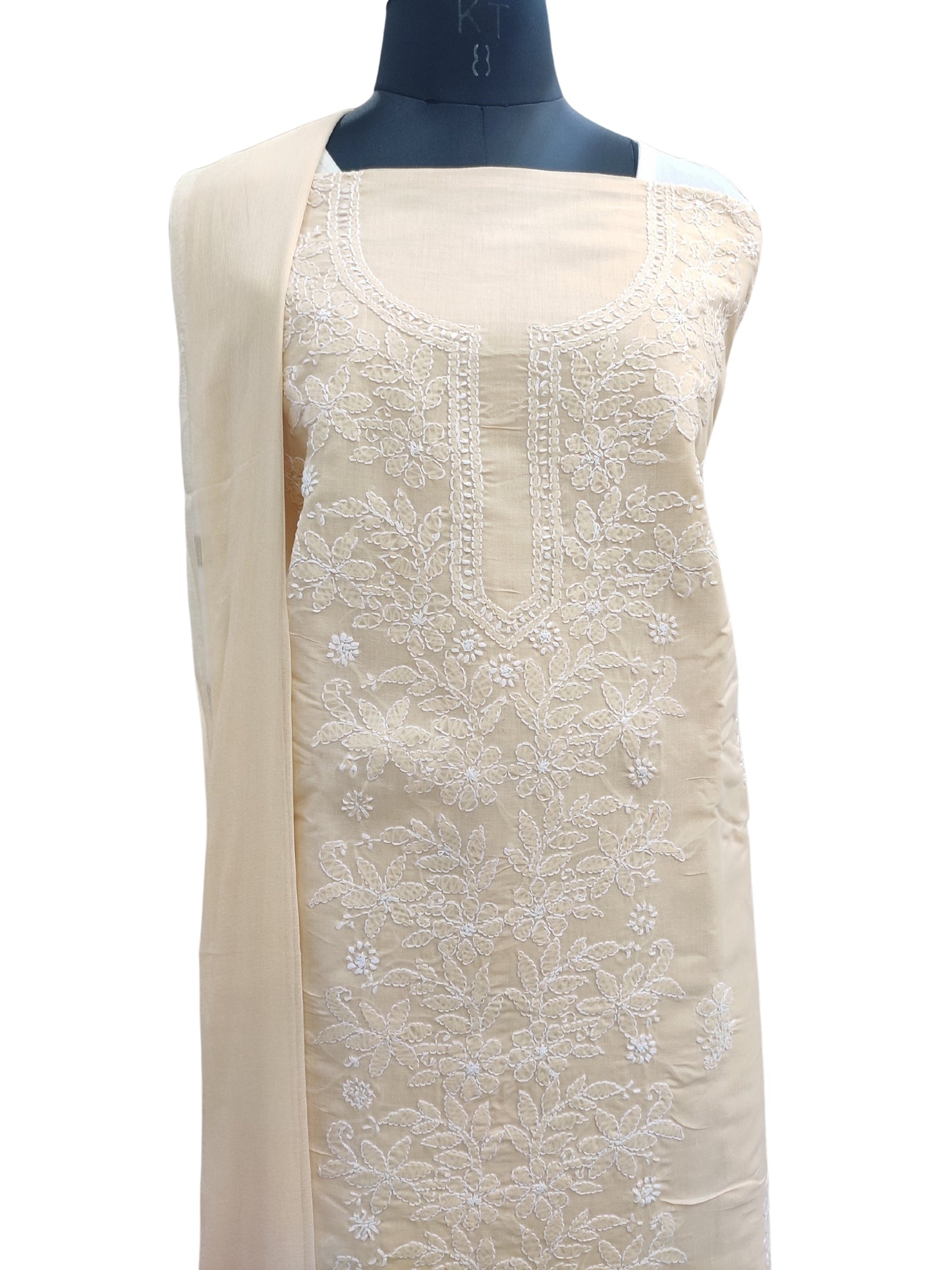 Shyamal Chikan Hand Embroidered Beige Cotton Lucknowi Chikankari Unstitched Suit Piece - S24770