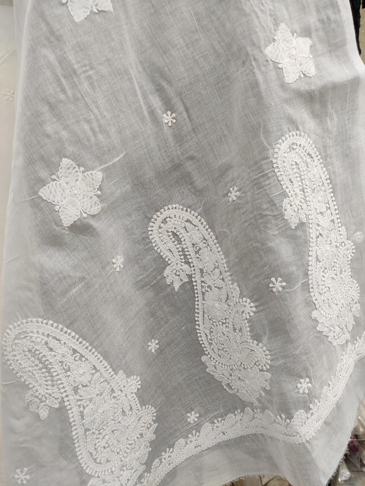 Shyamal Chikan Hand Embroidered White Cotton Lucknowi Chikankari Dupatta - S20101