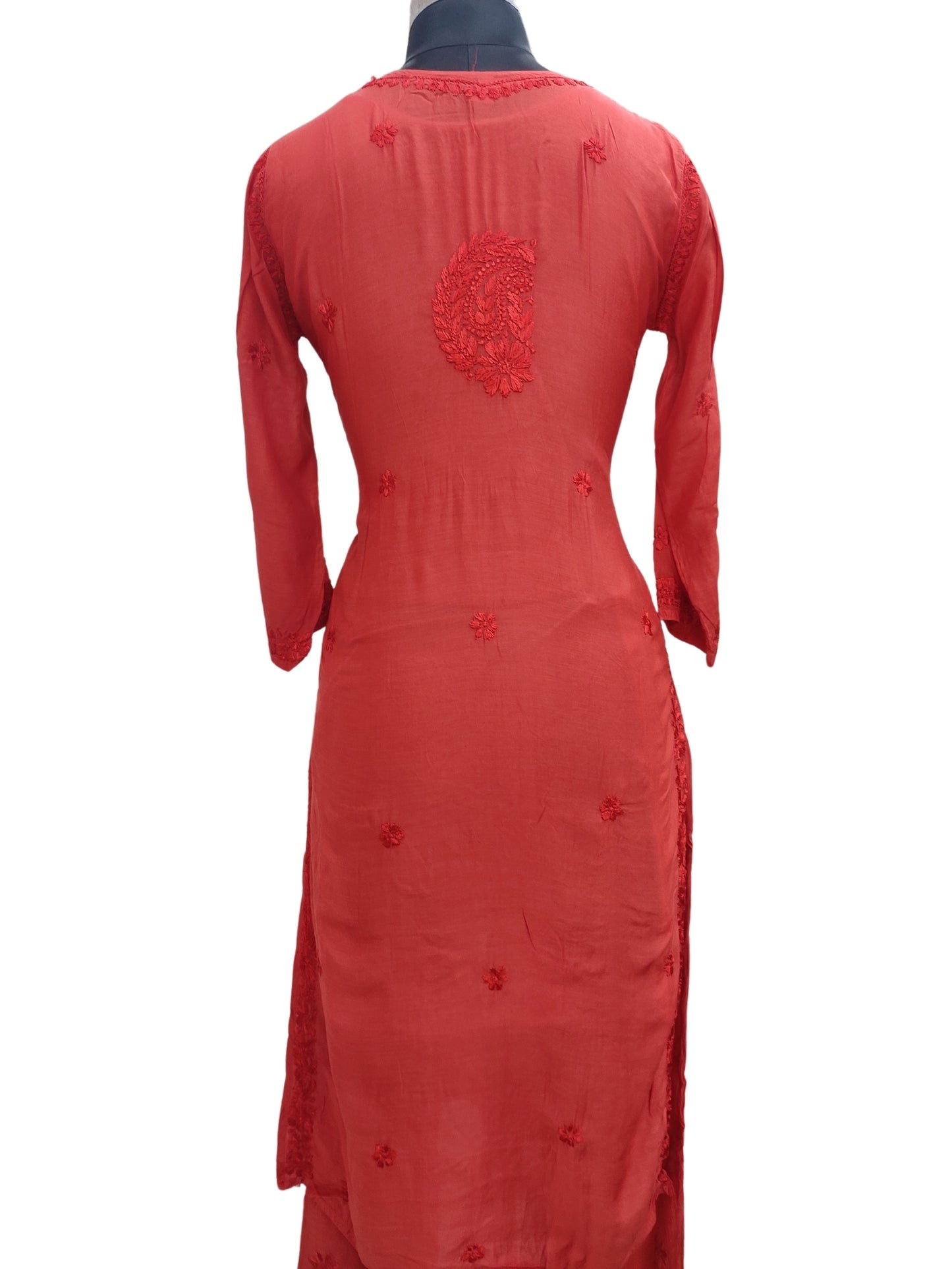 Shyamal Chikan Hand Embroidered Red Muslin Lucknowi Chikankari Kurta and Bottom Set - 23578