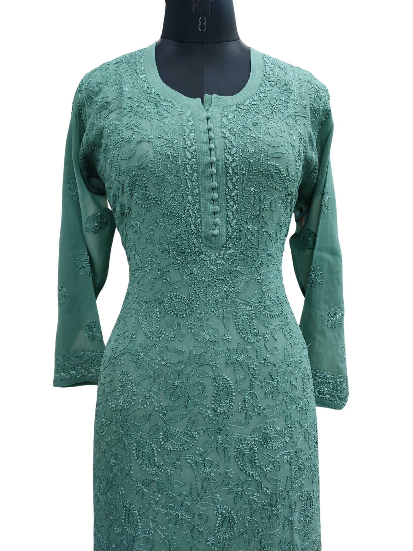 Shyamal Chikan Hand Embroidered Green Viscose Georgette Lucknowi Chikankari Kurti - S24696