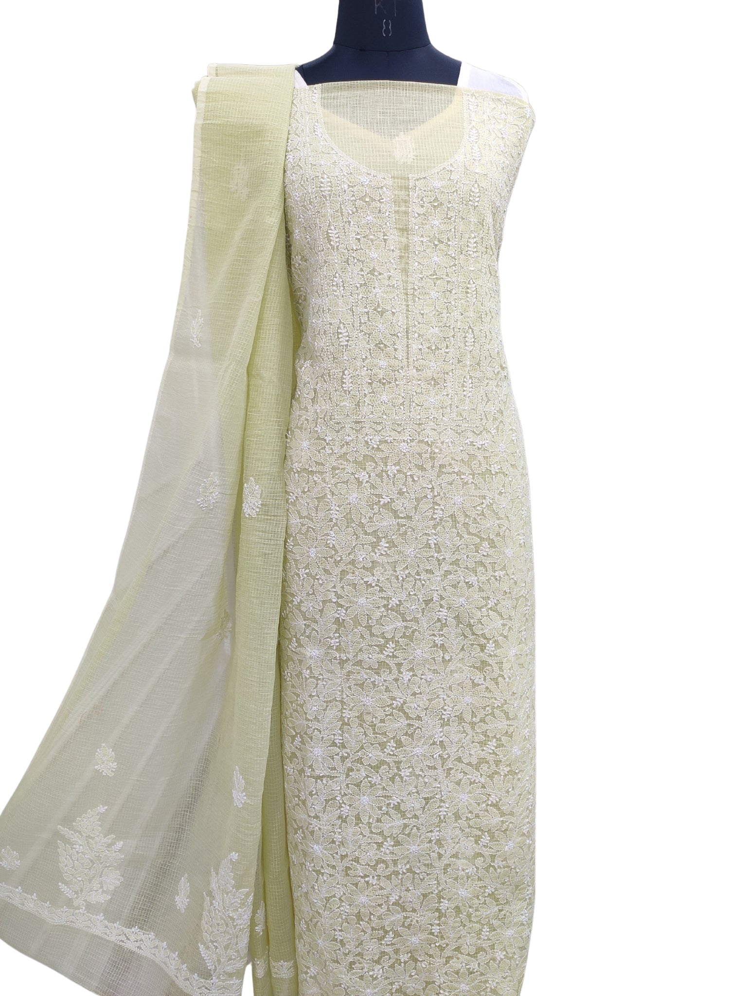 Shyamal Chikan Hand Embroidered Green Kota Cotton Lucknowi Chikankari Unstitched Suit Piece ( Kurta Dupatta Set ) - S22983