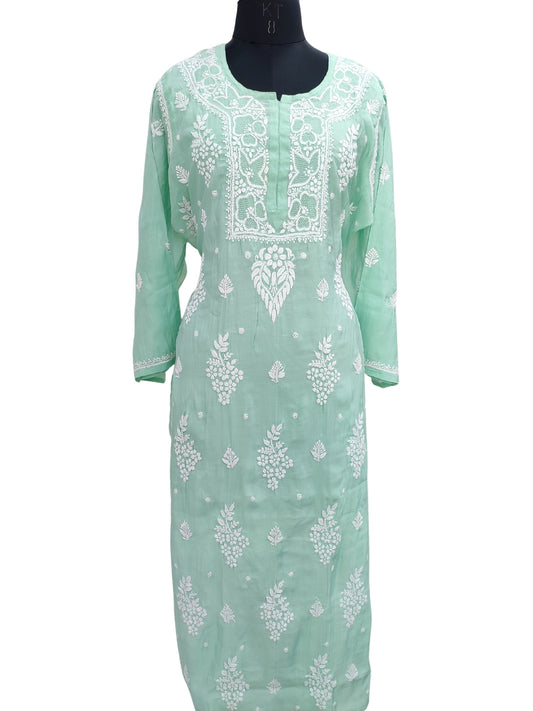 Shyamal Chikan Hand Embroidered Sea Green Cotton Silk Lucknowi Chikankari Semi Stitched Kurti- S23530