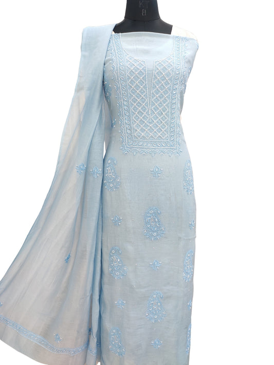 Shyamal Chikan Hand Embroidered Blue Mul Chanderi Lucknowi Chikankari Unstitched Suit Piece with Cutdana & Sequin Work (Kurta Dupatta Set) - S23891