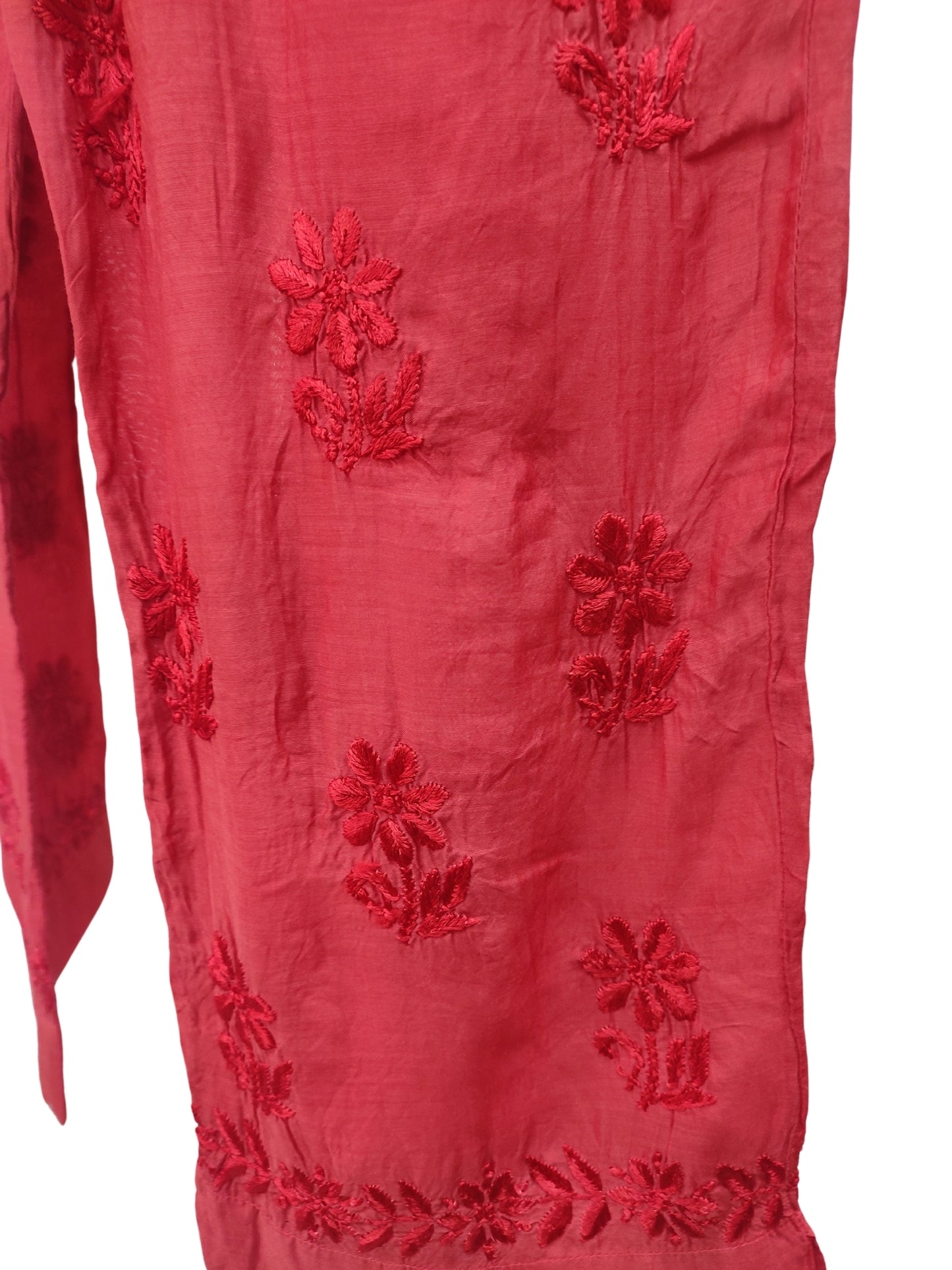 Shyamal Chikan Hand Embroidered Red Muslin Lucknowi Chikankari Kurta and Bottom Set - 23578