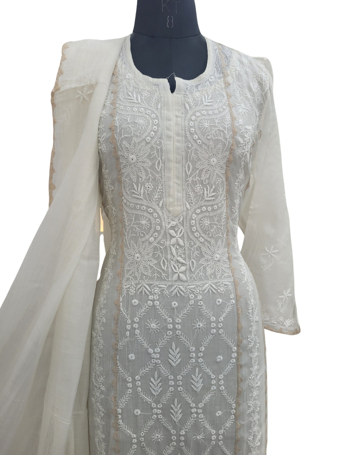 Shyamal Chikan Hand Embroidered White Mul Chanderi Lucknowi Chikankari semi stitched Suit Piece With Daraz Work (Kurta Dupatta Set) - S25091