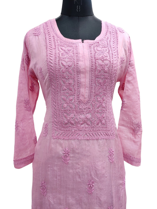 Shyamal Chikan Hand Embroidered Pink Pure Tusser Silk Lucknowi Chikankari Kurti- S21731