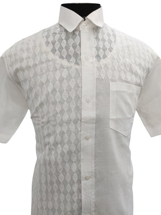 Shyamal Chikan Hand Embroidered White Cotton Lucknowi Chikankari Half Jaal Men's Shirt – S23296