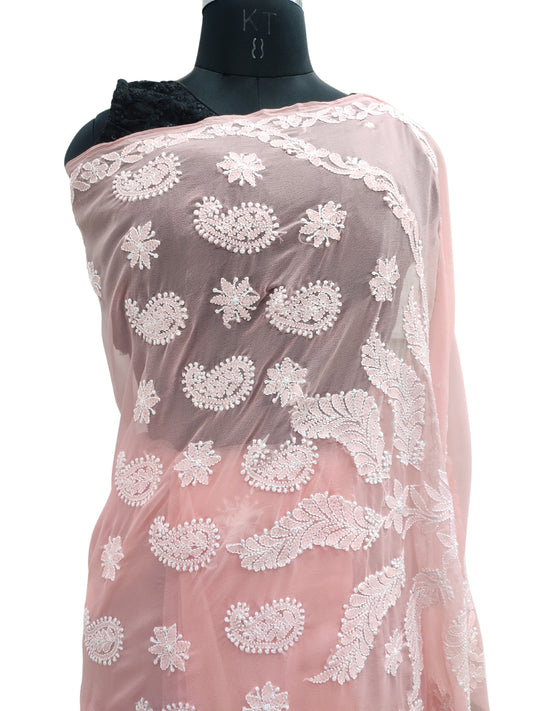 Shyamal Chikan Hand Embroidered Peach Georgette Lucknowi Chikankari Saree With Blouse Piece - S21927