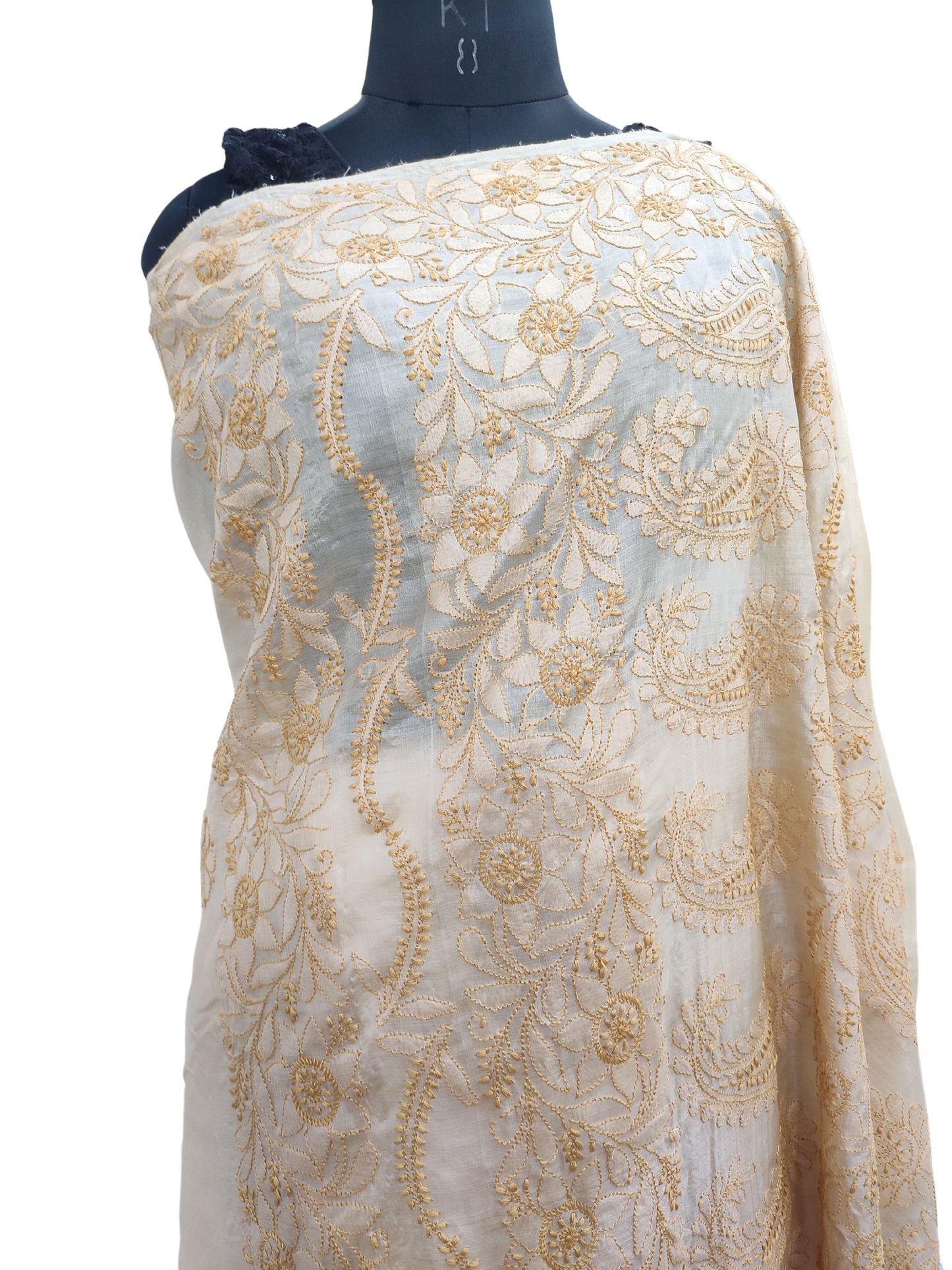 Shyamal Chikan Hand Embroidered Beige Pure Tusser Silk Lucknowi Chikankari Saree With Blouse Piece- S20535