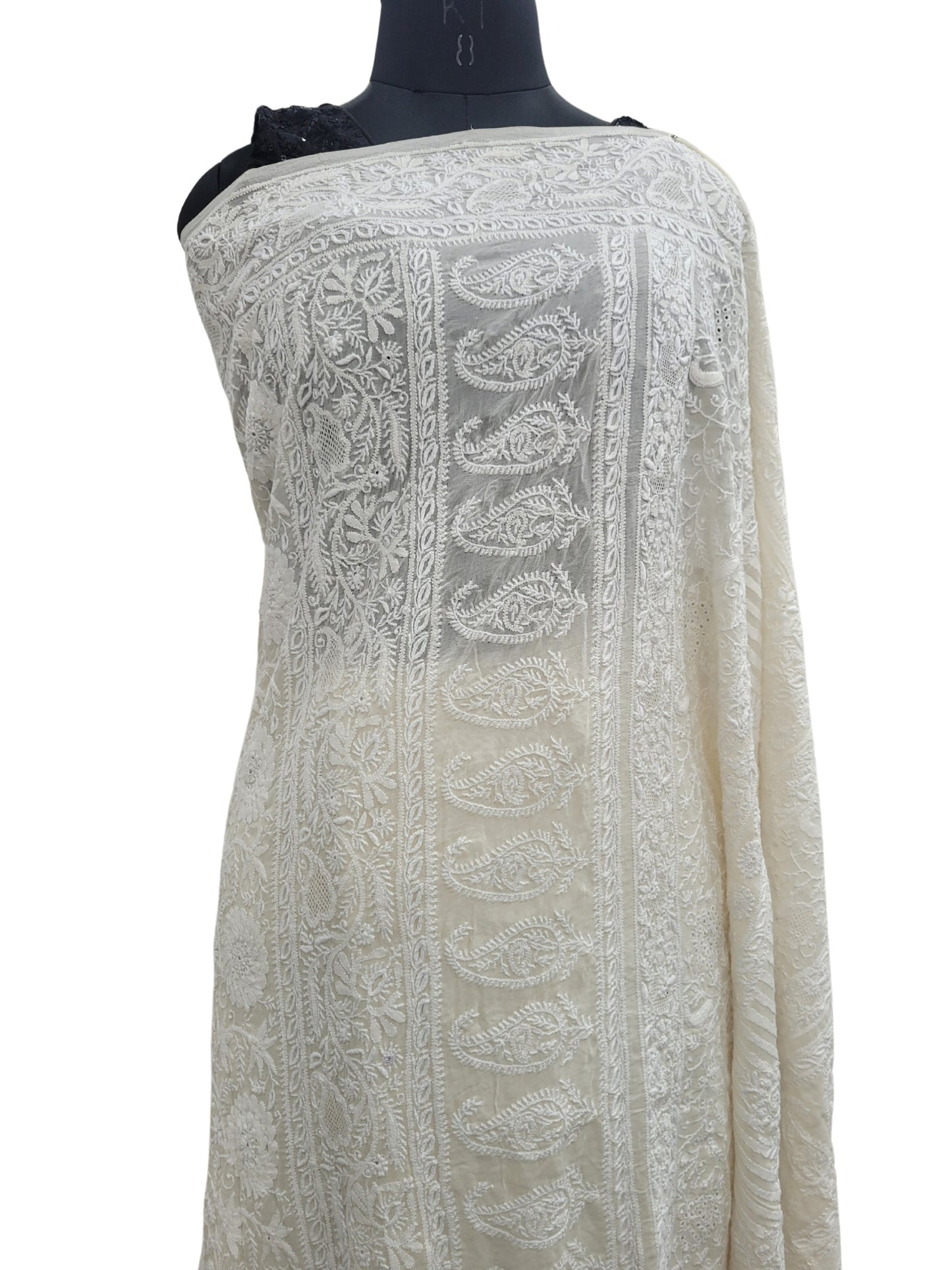 Shyamal Chikan Hand Embroidered White Pure Georgette Lucknowi Chikankari Saree With Blouse Piece  - S24061