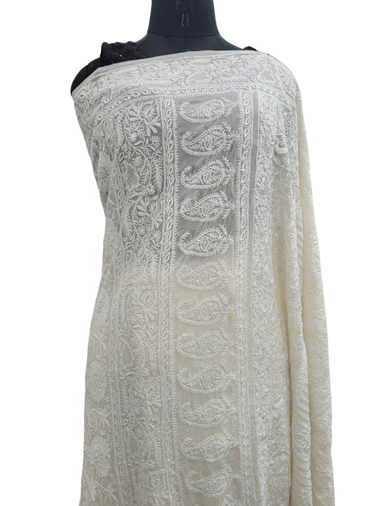 Shyamal Chikan Hand Embroidered White Pure Georgette Lucknowi Chikankari Saree With Blouse Piece  - S24061