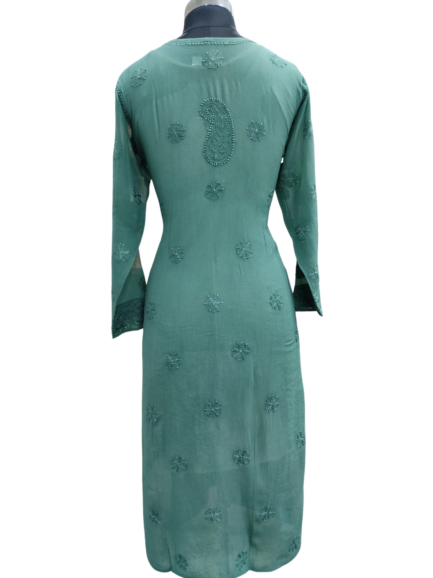 Shyamal Chikan Hand Embroidered Green Viscose Georgette Lucknowi Chikankari Kurti - S24696