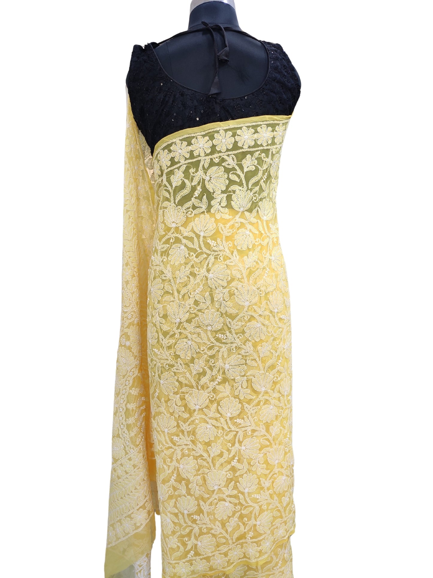 Shyamal Chikan Hand Embroidered Yellow Georgette Lucknowi Chikankari Full Jaal Saree With Blouse Piece - 23990