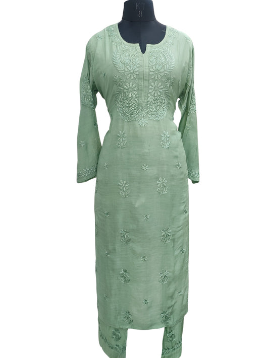 Shyamal Chikan Hand Embroidered Green Muslin Lucknowi Chikankari Kurta and Bottom Set - 23576