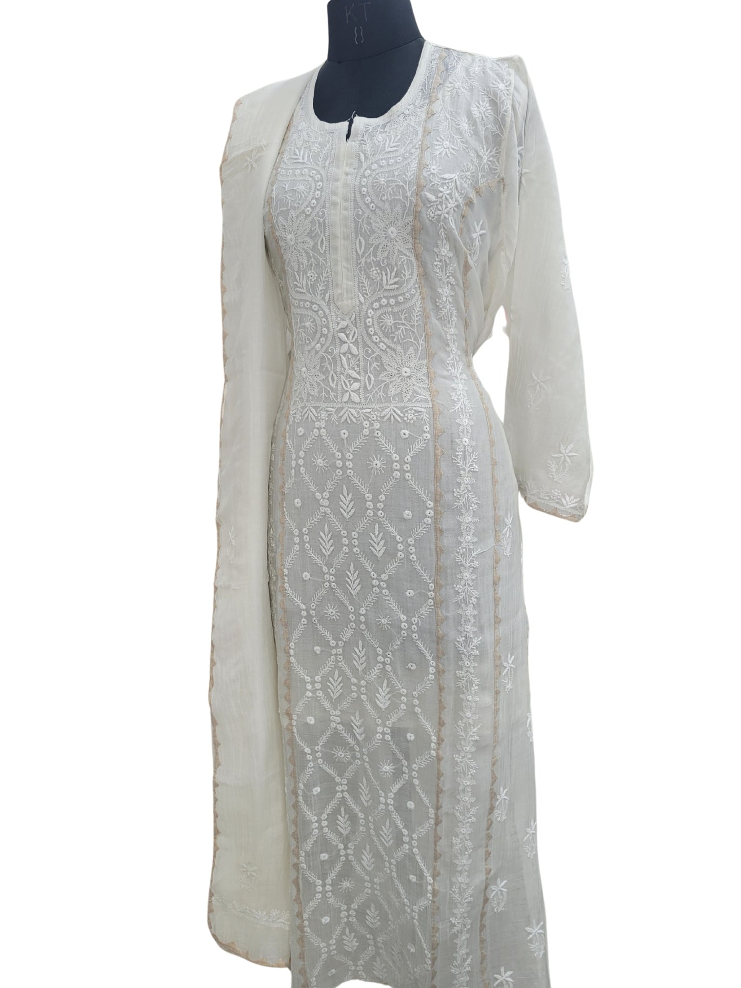 Shyamal Chikan Hand Embroidered White Mul Chanderi Lucknowi Chikankari semi stitched Suit Piece With Daraz Work (Kurta Dupatta Set) - S25091