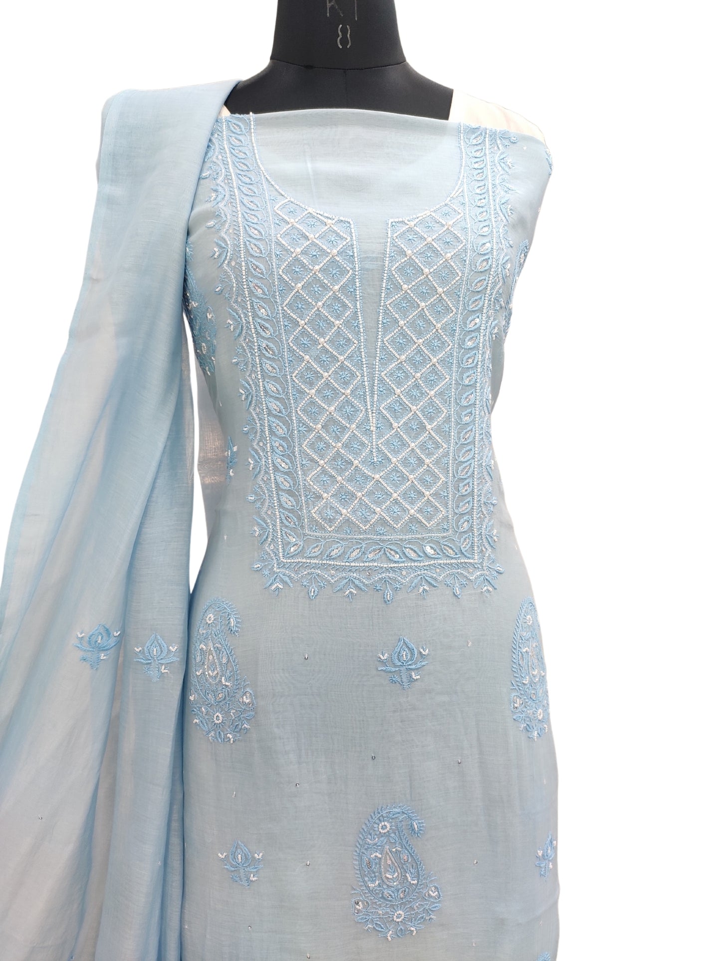 Shyamal Chikan Hand Embroidered Blue Mul Chanderi Lucknowi Chikankari Unstitched Suit Piece with Cutdana & Sequin Work (Kurta Dupatta Set) - S23891