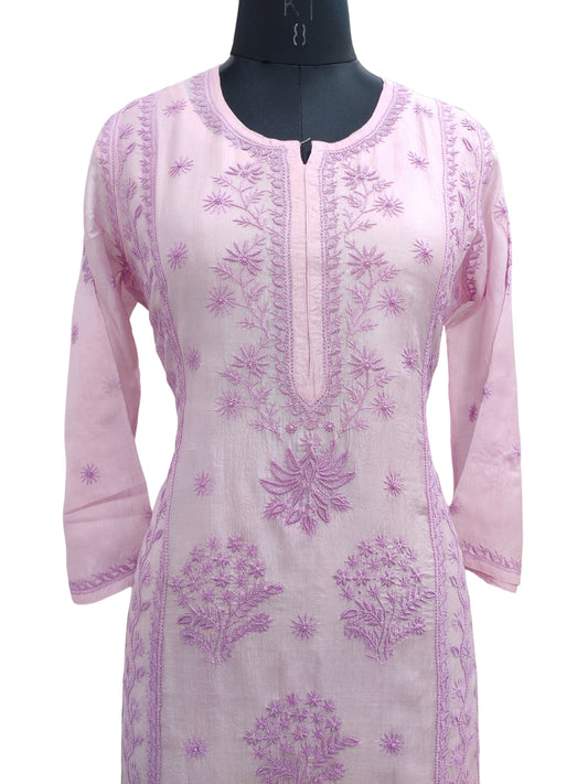 Shyamal Chikan Hand Embroidered Purple Pure Tusser Silk Lucknowi Chikankari Kurti- S25556