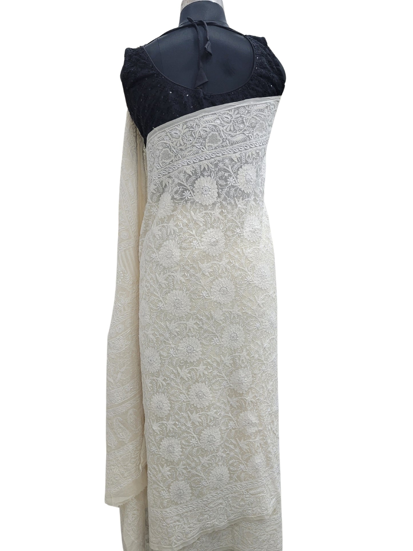 Shyamal Chikan Hand Embroidered White Pure Georgette Lucknowi Chikankari Saree With Blouse Piece  - S24061