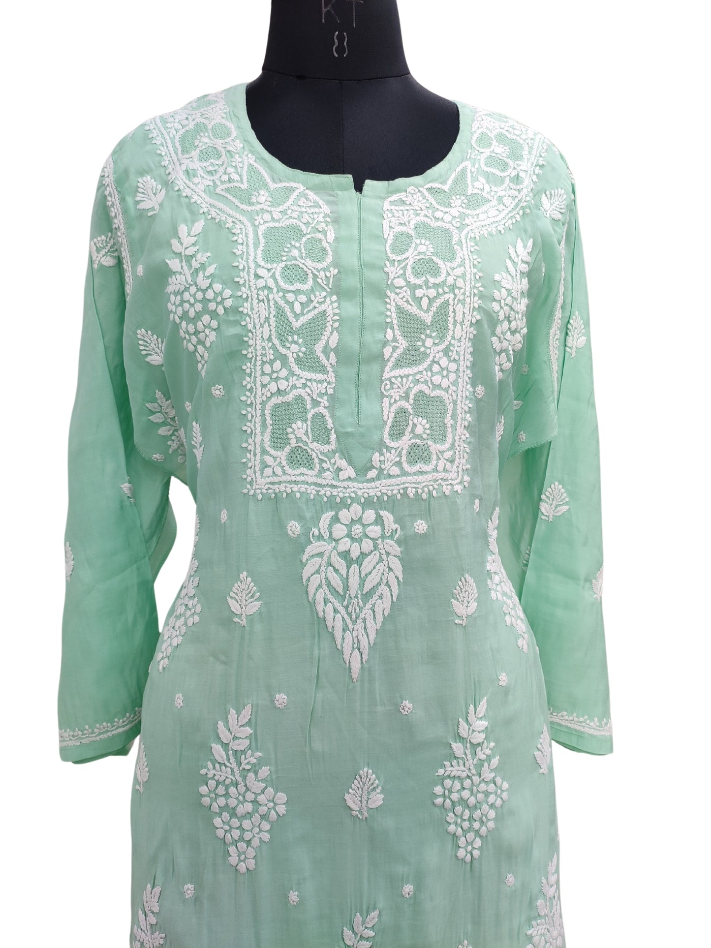 Shyamal Chikan Hand Embroidered Sea Green Cotton Silk Lucknowi Chikankari Semi Stitched Kurti- S23530