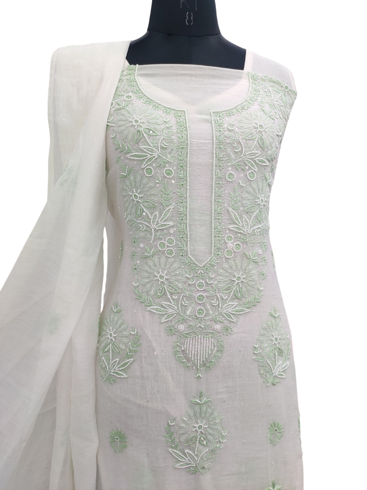 Shyamal Chikan Hand Embroidered White Mul Chanderi Lucknowi Chikankari Unstitched Suit Piece with Cutdana & Sequin Work (Kurta Dupatta Set)S22879