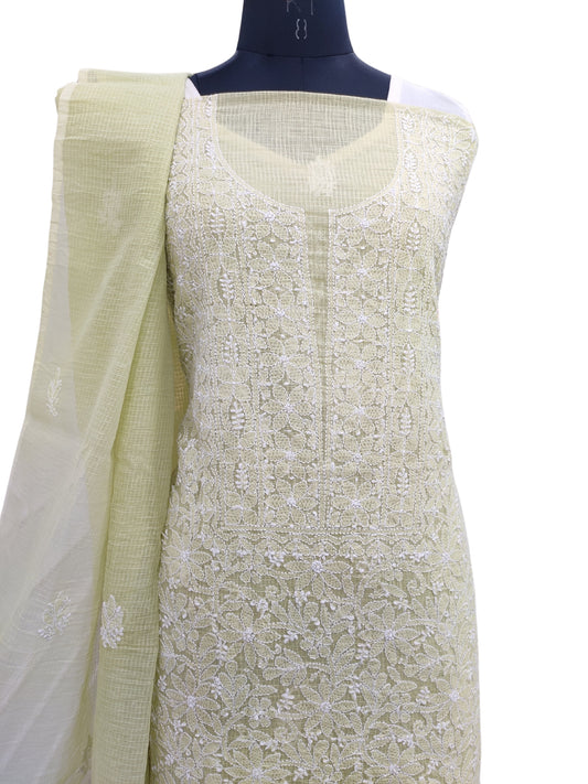 Shyamal Chikan Hand Embroidered Green Kota Cotton Lucknowi Chikankari Unstitched Suit Piece ( Kurta Dupatta Set ) - S22983