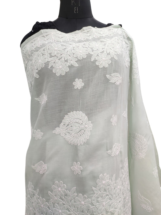 Shyamal Chikan Hand Embroidered Green Cotton Lucknowi Chikankari Saree With Blouse Piece- S22522