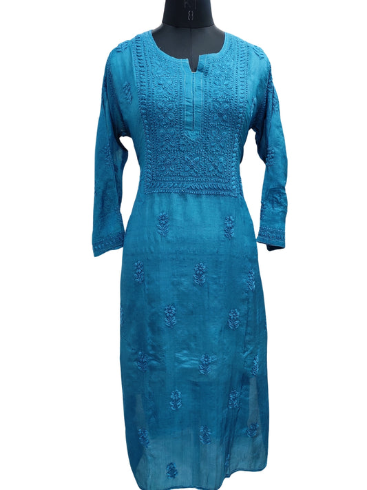 Shyamal Chikan Hand Embroidered Blue Pure Tusser Silk Lucknowi Chikankari Kurti- S21729