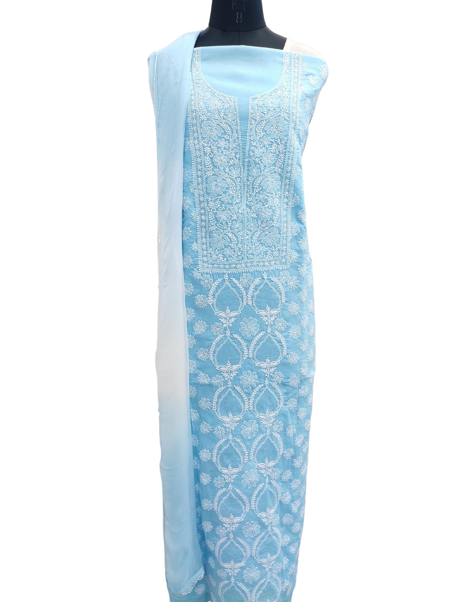 Shyamal Chikan Hand Embroidered Blue Cotton Lucknowi Chikankari Unstitched Suit Piece With Jaali Work- S21853