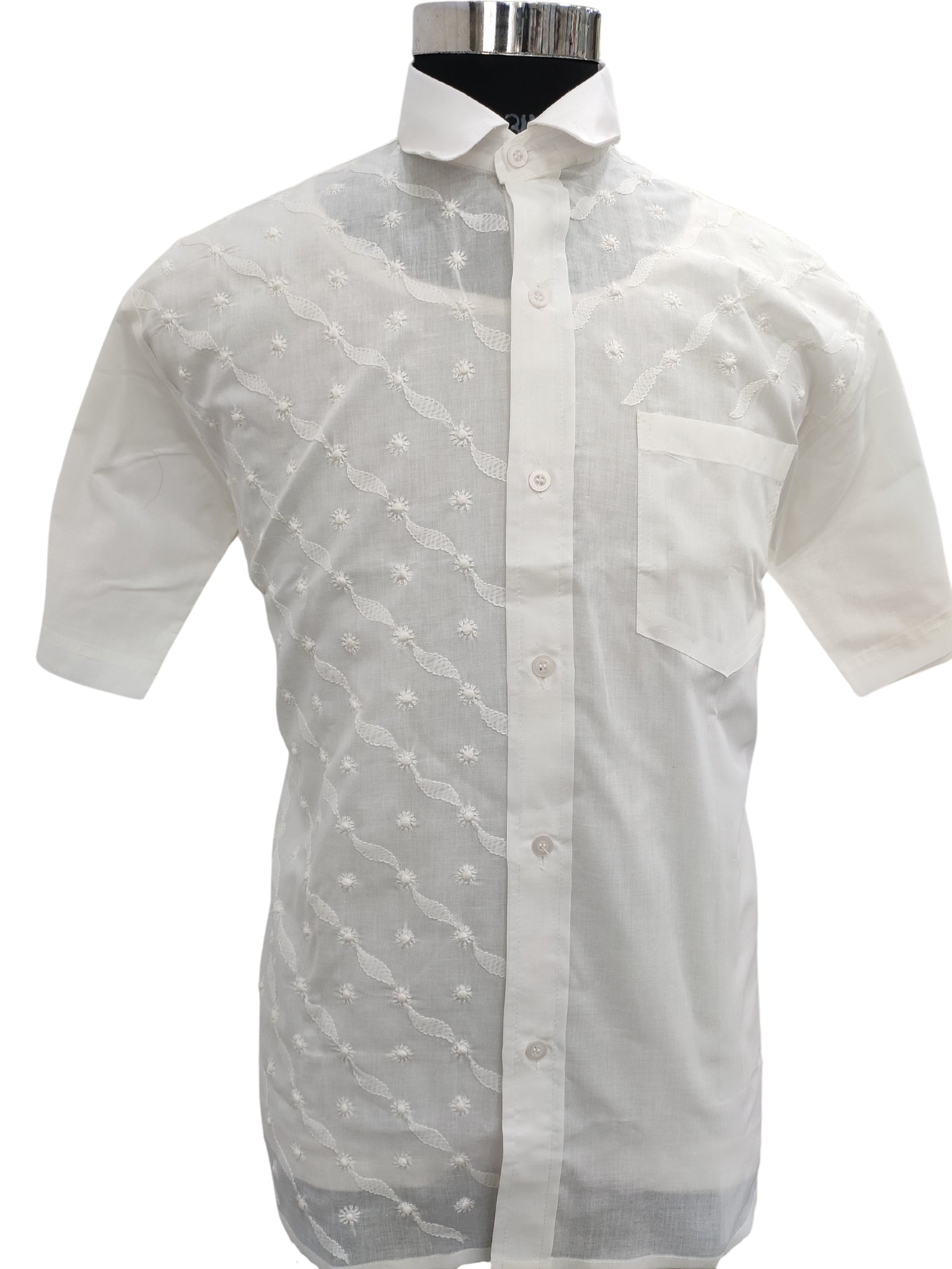 Shyamal Chikan Hand Embroidered White Cotton Lucknowi Chikankari Men's Shirt – S23285