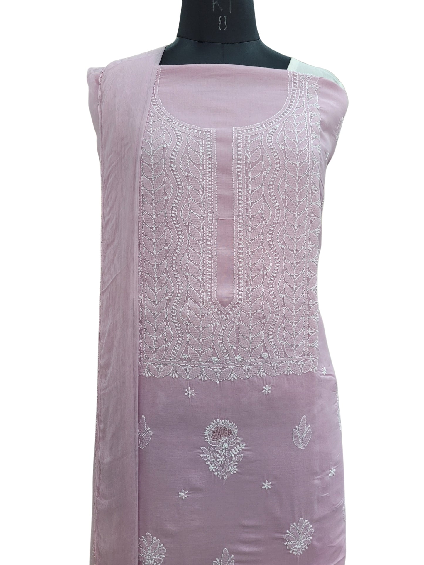 Shyamal Chikan Hand Embroidered Pink Cotton Lucknowi Chikankari Unstitched Suit Piece With Jaali Work - S25061