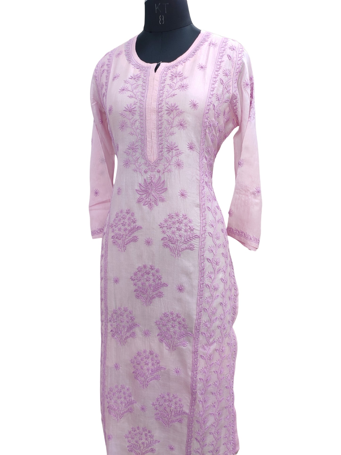 Shyamal Chikan Hand Embroidered Purple Pure Tusser Silk Lucknowi Chikankari Kurti- S25556