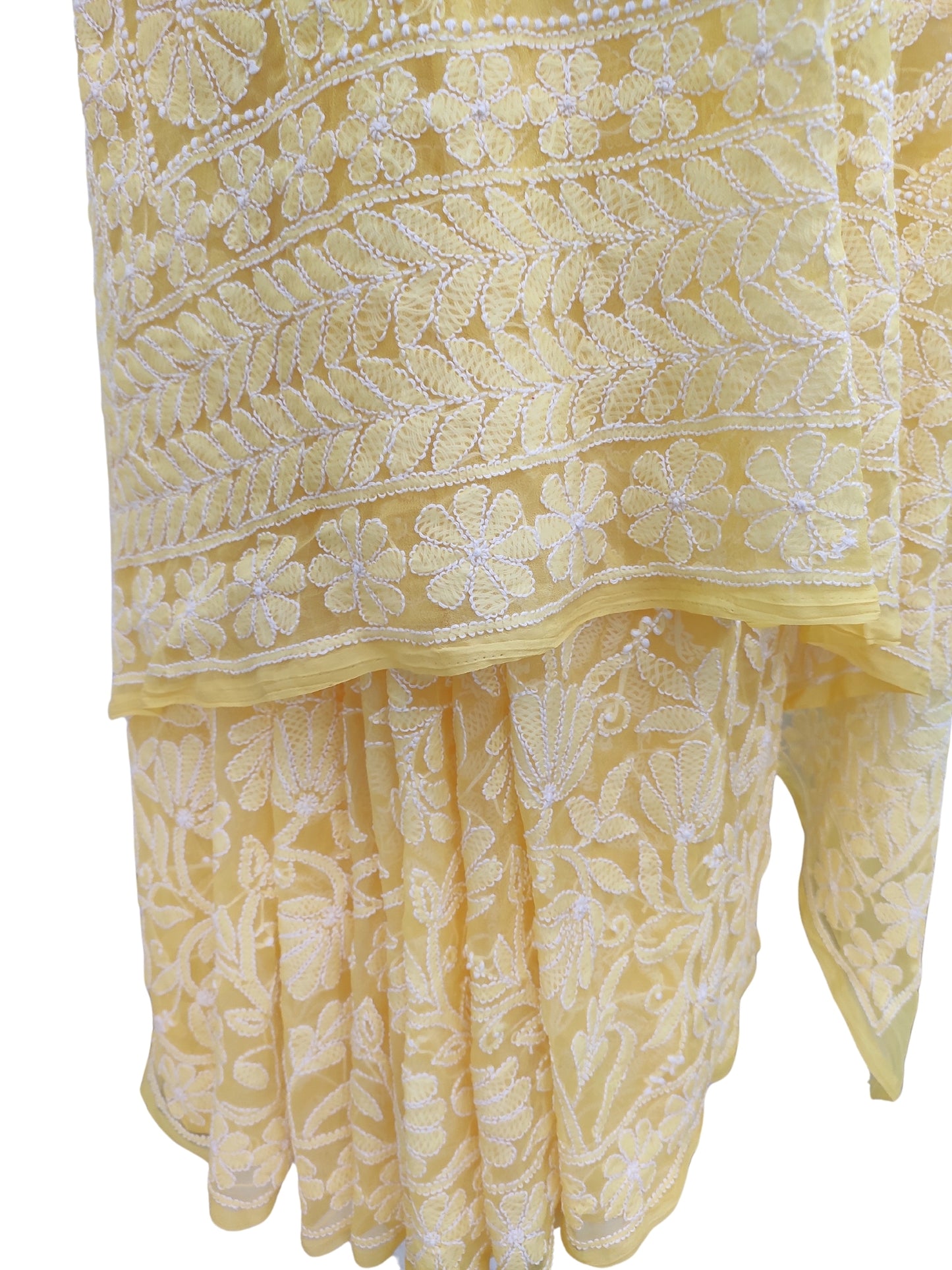 Shyamal Chikan Hand Embroidered Yellow Georgette Lucknowi Chikankari Full Jaal Saree With Blouse Piece - 23990