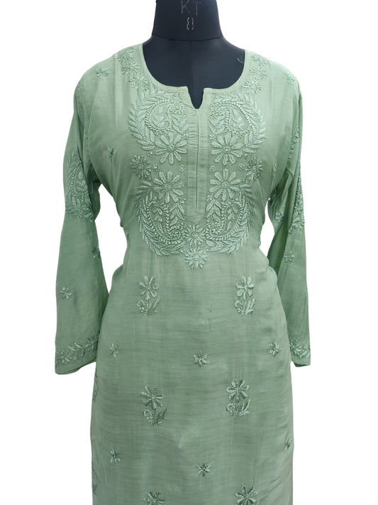 Shyamal Chikan Hand Embroidered Green Muslin Lucknowi Chikankari Kurta and Bottom Set - 23576