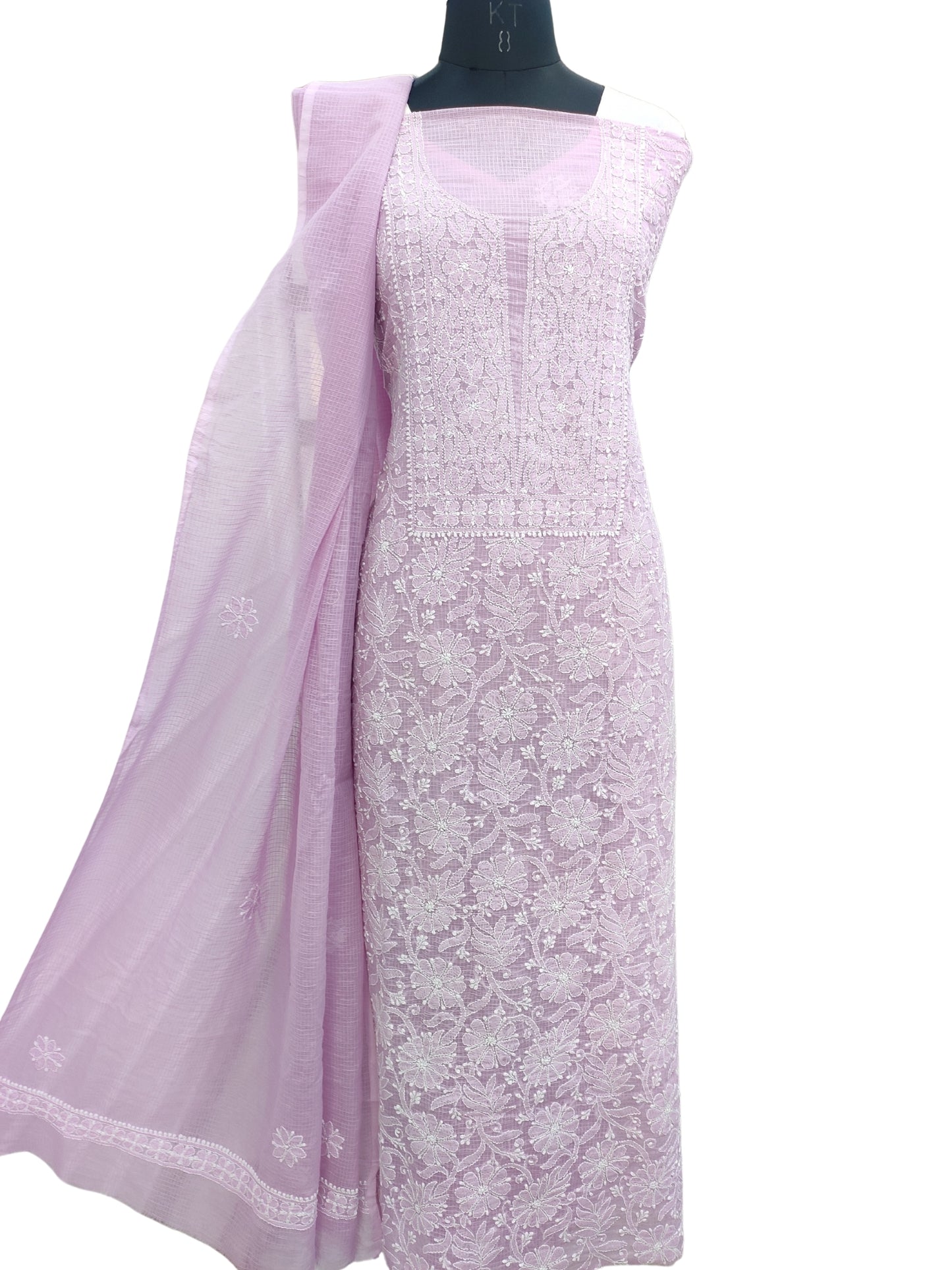 Shyamal Chikan Hand Embroidered Lavender Kota Cotton Lucknowi Chikankari Unstitched Suit Piece ( Kurta Dupatta Set ) - S22729