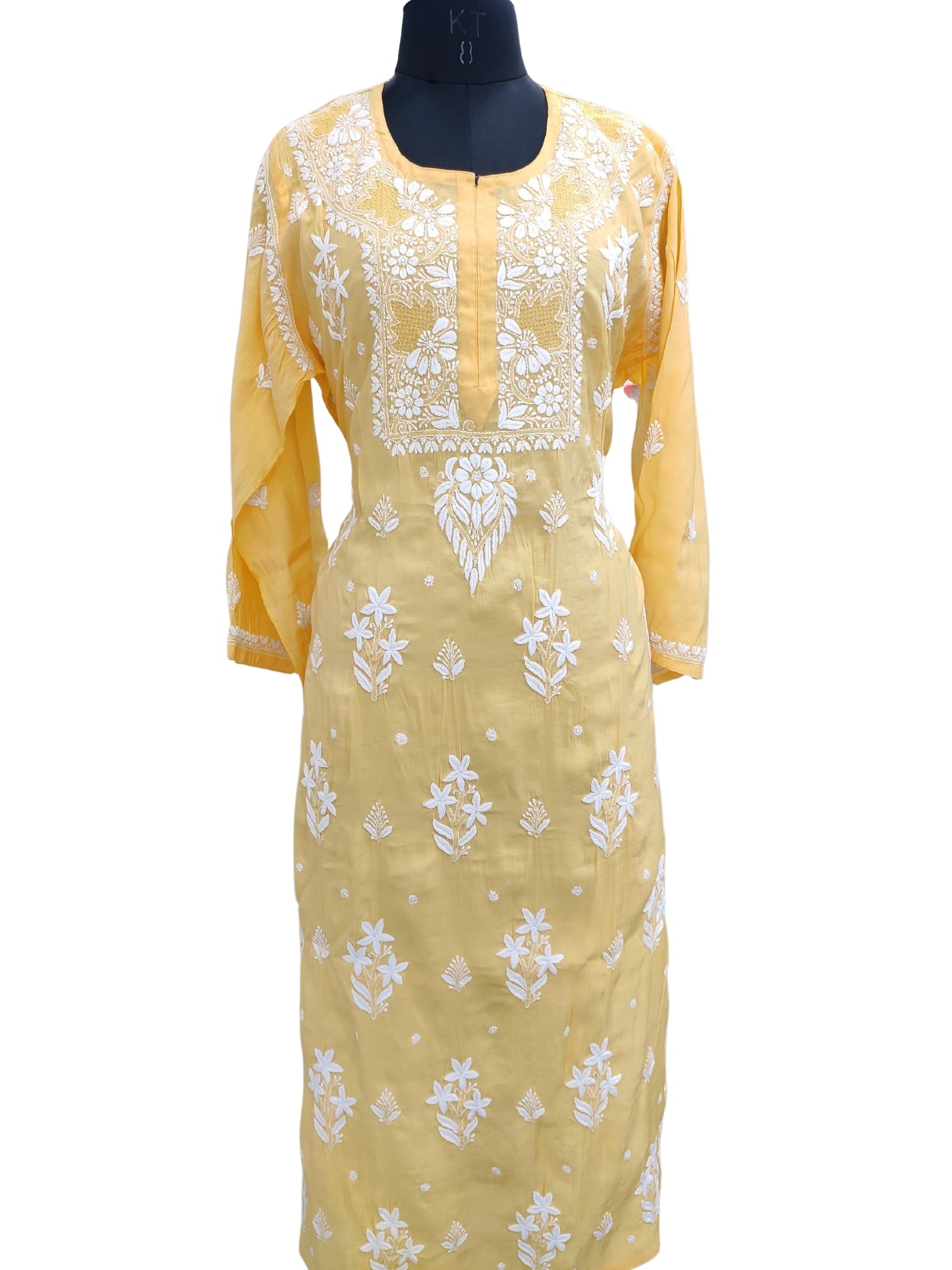 Shyamal Chikan Hand Embroidered Yellow Cotton Silk Lucknowi Chikankari Semi Stitched Kurti- S23528