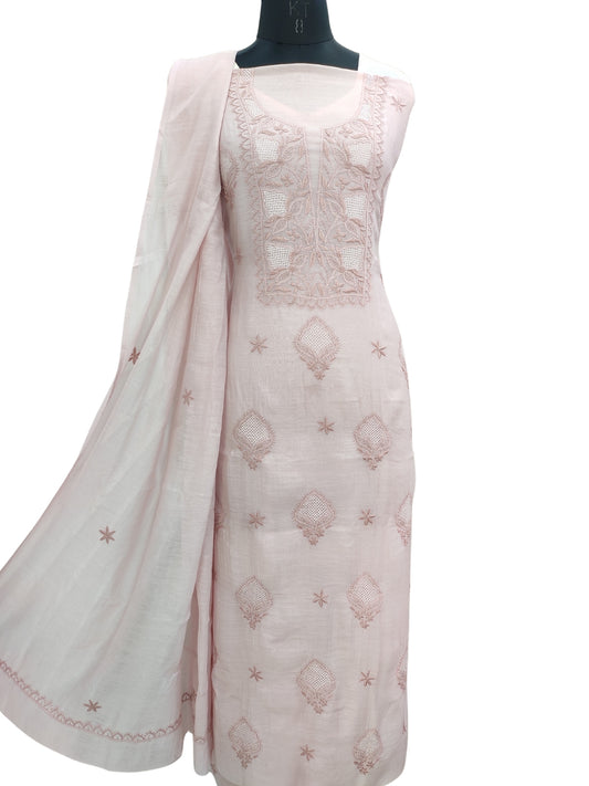 Shyamal Chikan Hand Embroidered Peach Mul Chanderi Lucknowi Chikankari Unstitched Suit Piece With Jaali Work (Kurta Dupatta Set) - S23730