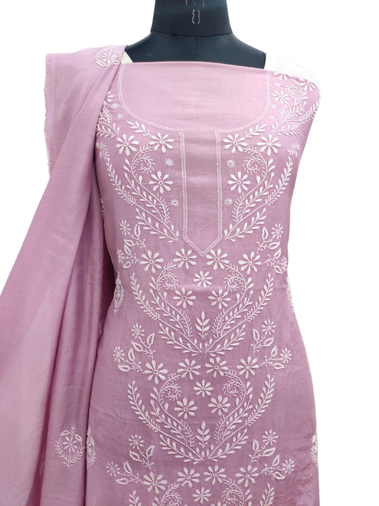 Shyamal Chikan Hand Embroidered Purple Muslin Lucknowi Chikankari Unstitched Suit Piece (Kurta Dupatta Set ) - S20890