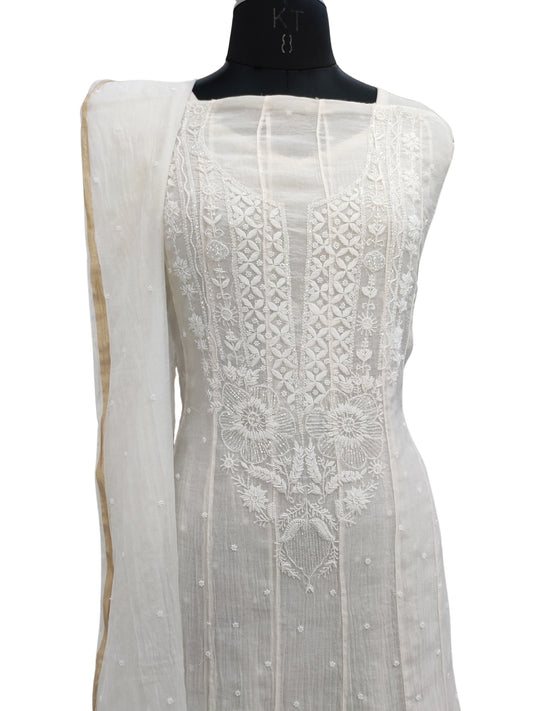 Hand Embroidered White Mul Chanderi Lucknowi Chikankari Unstitched Anarkali (Kurta Dupatta Set) With Pearl Cutdana & Sequin Work- S26729