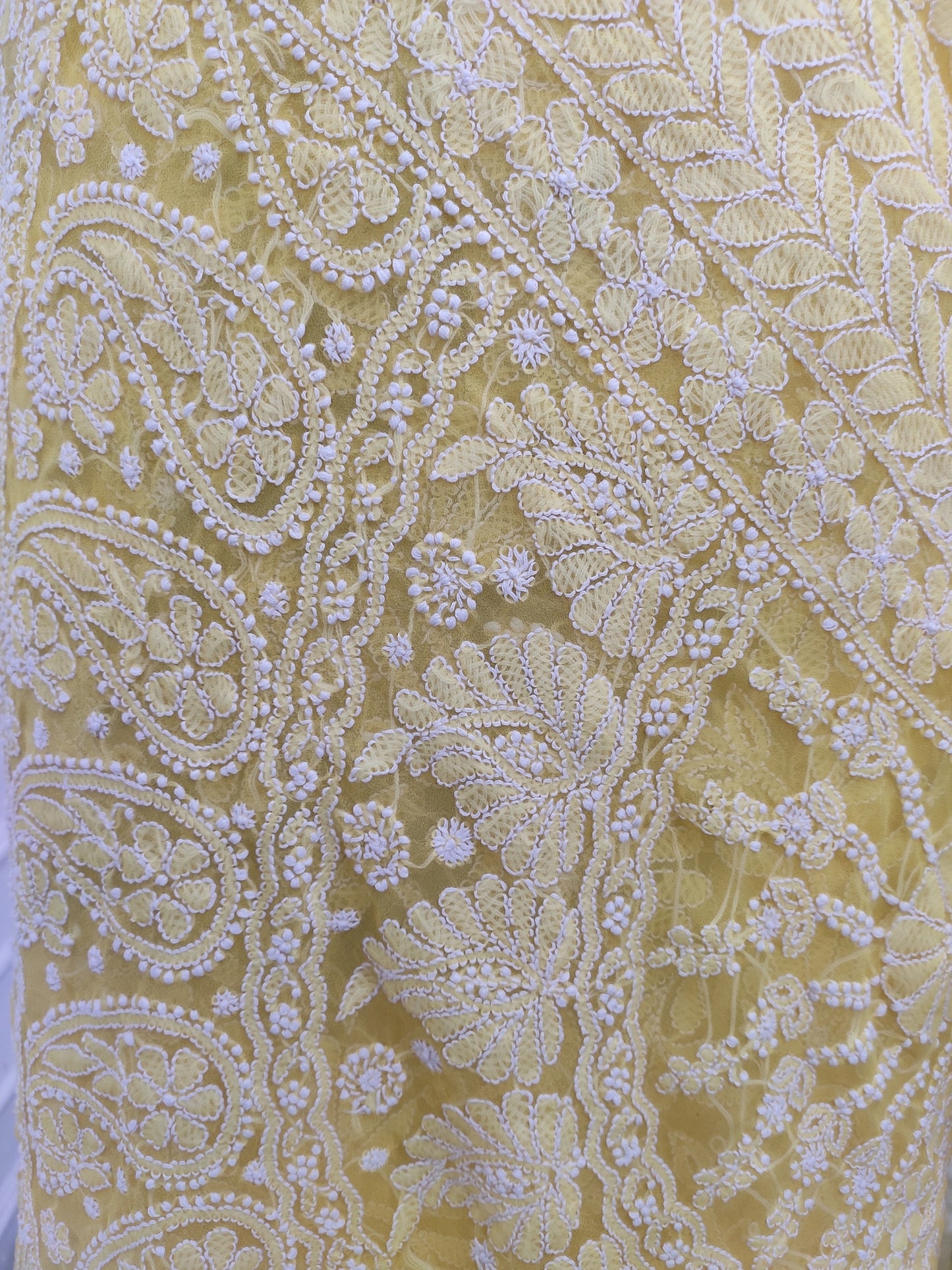 Shyamal Chikan Hand Embroidered Yellow Georgette Lucknowi Chikankari Full Jaal Saree With Blouse Piece - 23990