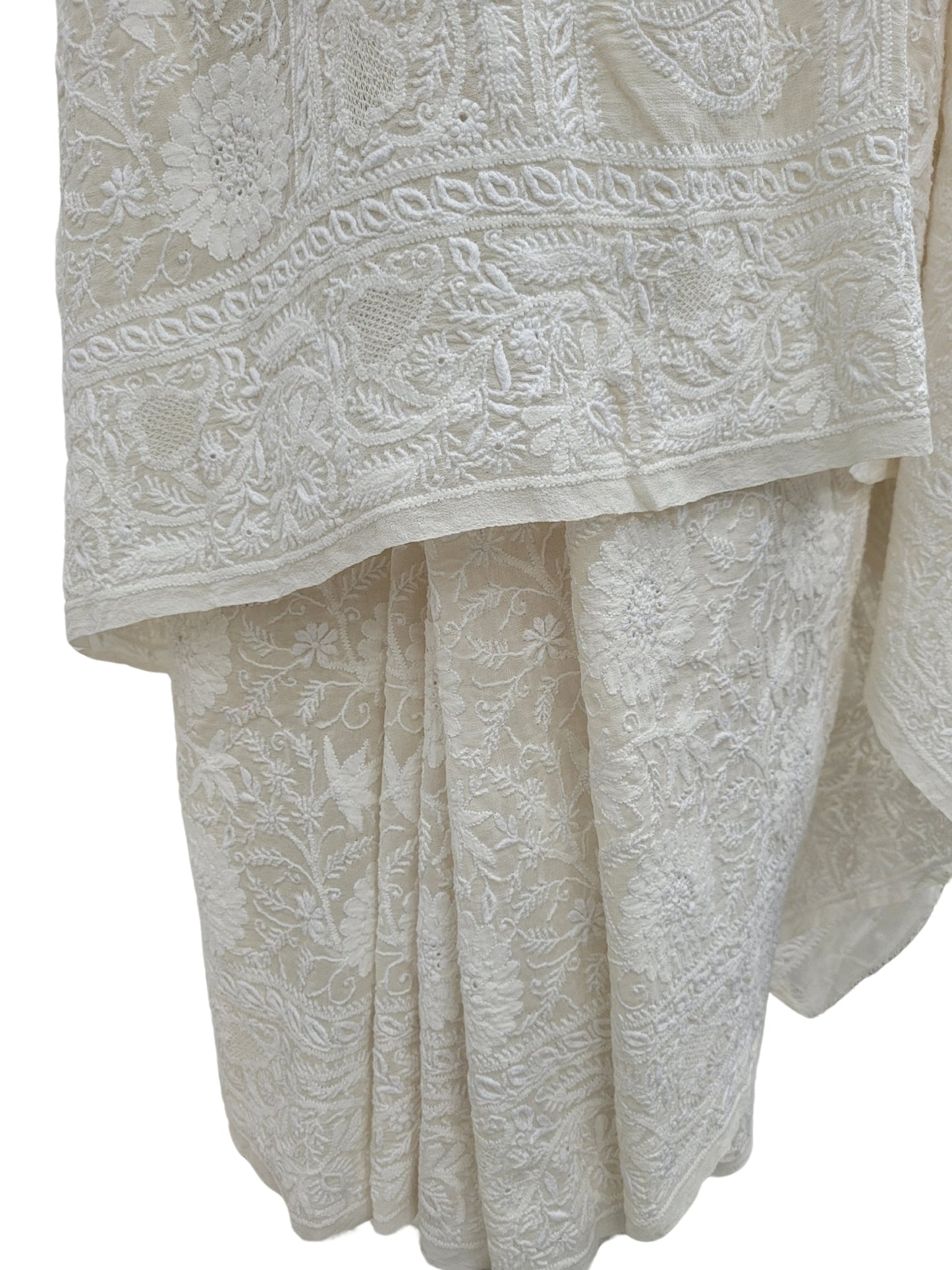 Shyamal Chikan Hand Embroidered White Pure Georgette Lucknowi Chikankari Saree With Blouse Piece  - S24061