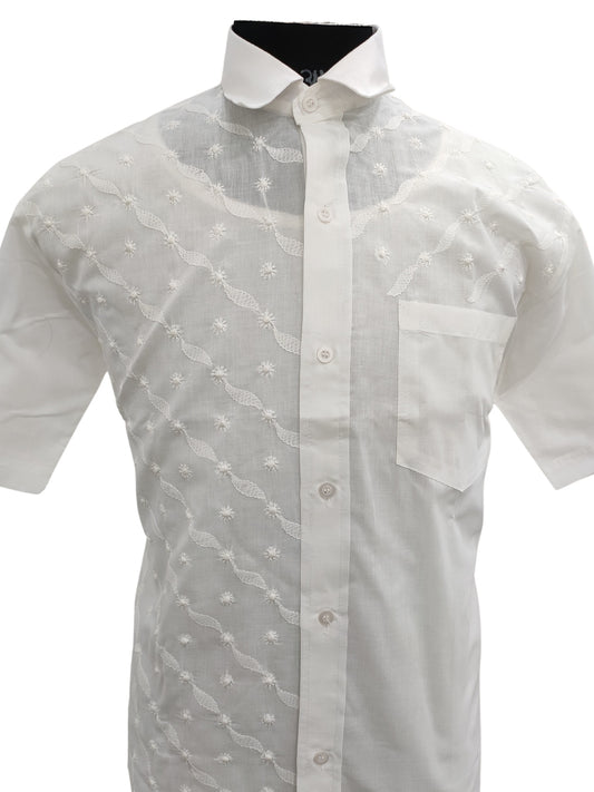 Shyamal Chikan Hand Embroidered White Cotton Lucknowi Chikankari Men's Shirt – S23285