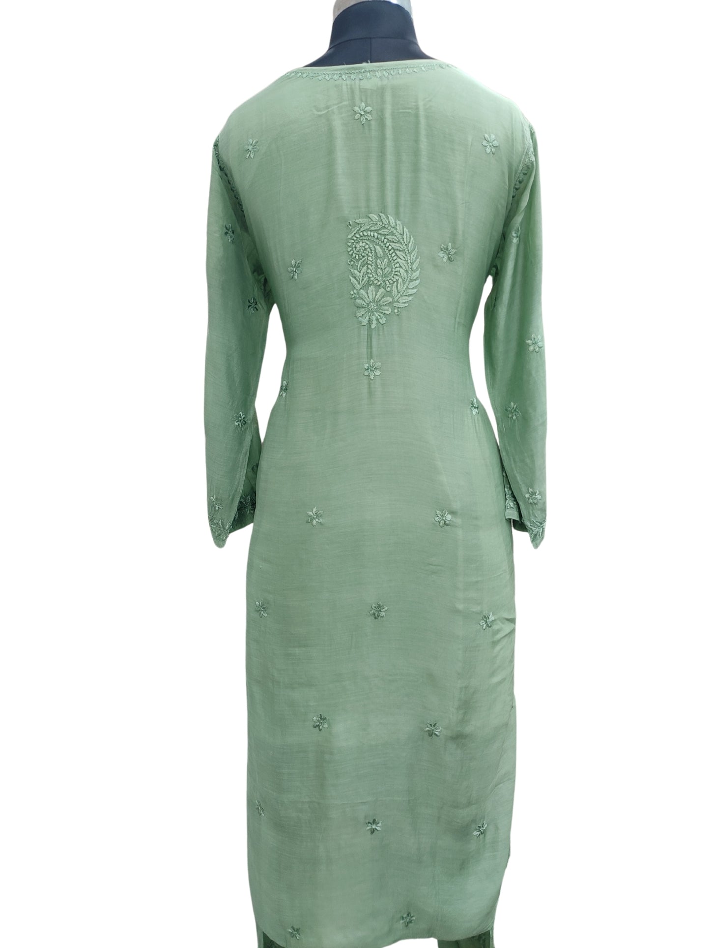 Shyamal Chikan Hand Embroidered Green Muslin Lucknowi Chikankari Kurta and Bottom Set - 23576