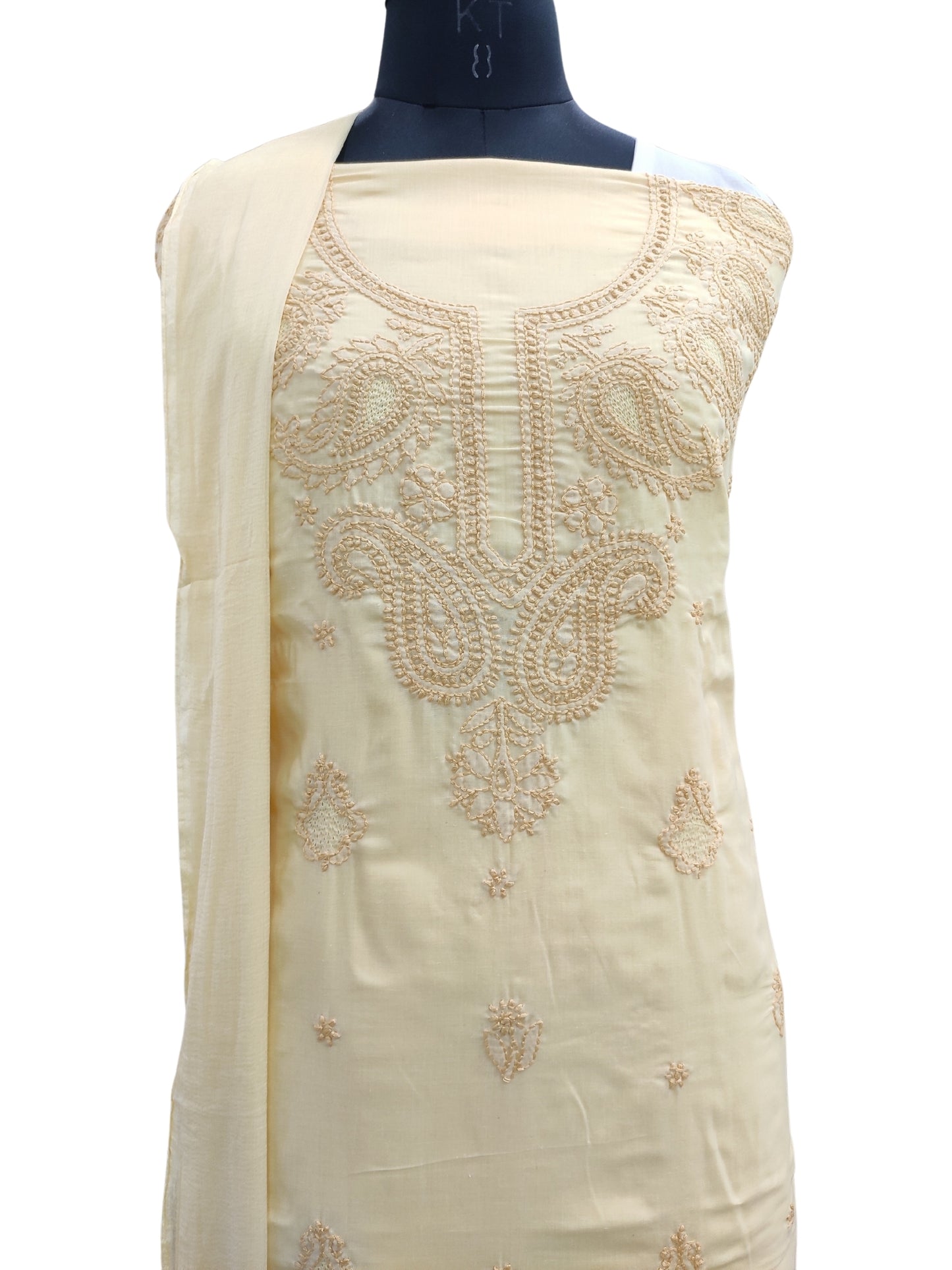 Shyamal Chikan Hand Embroidered Yellow Cotton Lucknowi Chikankari Unstitched Suit Piece With Jaali Work - S24152