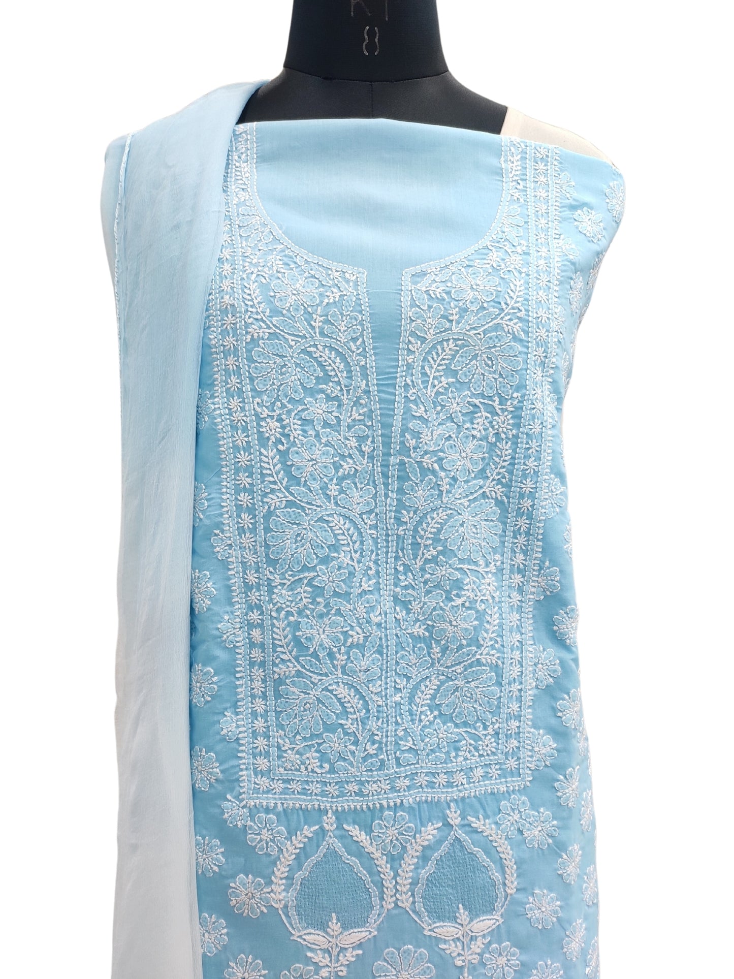 Shyamal Chikan Hand Embroidered Blue Cotton Lucknowi Chikankari Unstitched Suit Piece With Jaali Work- S21853