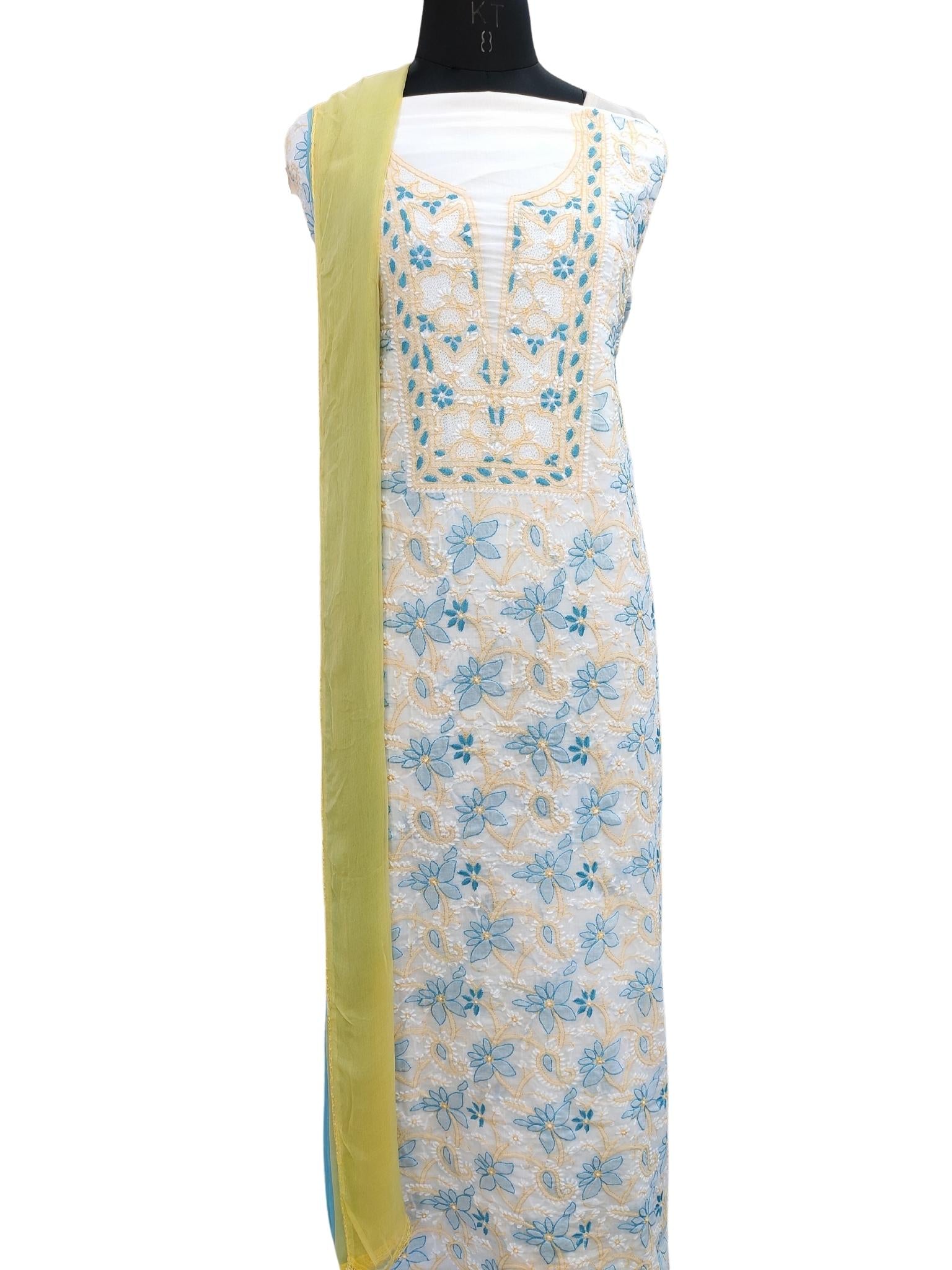 Shyamal Chikan Hand Embroidered White Pure Cotton Lucknowi Chikankari Unstitched Suit Piece - S20808