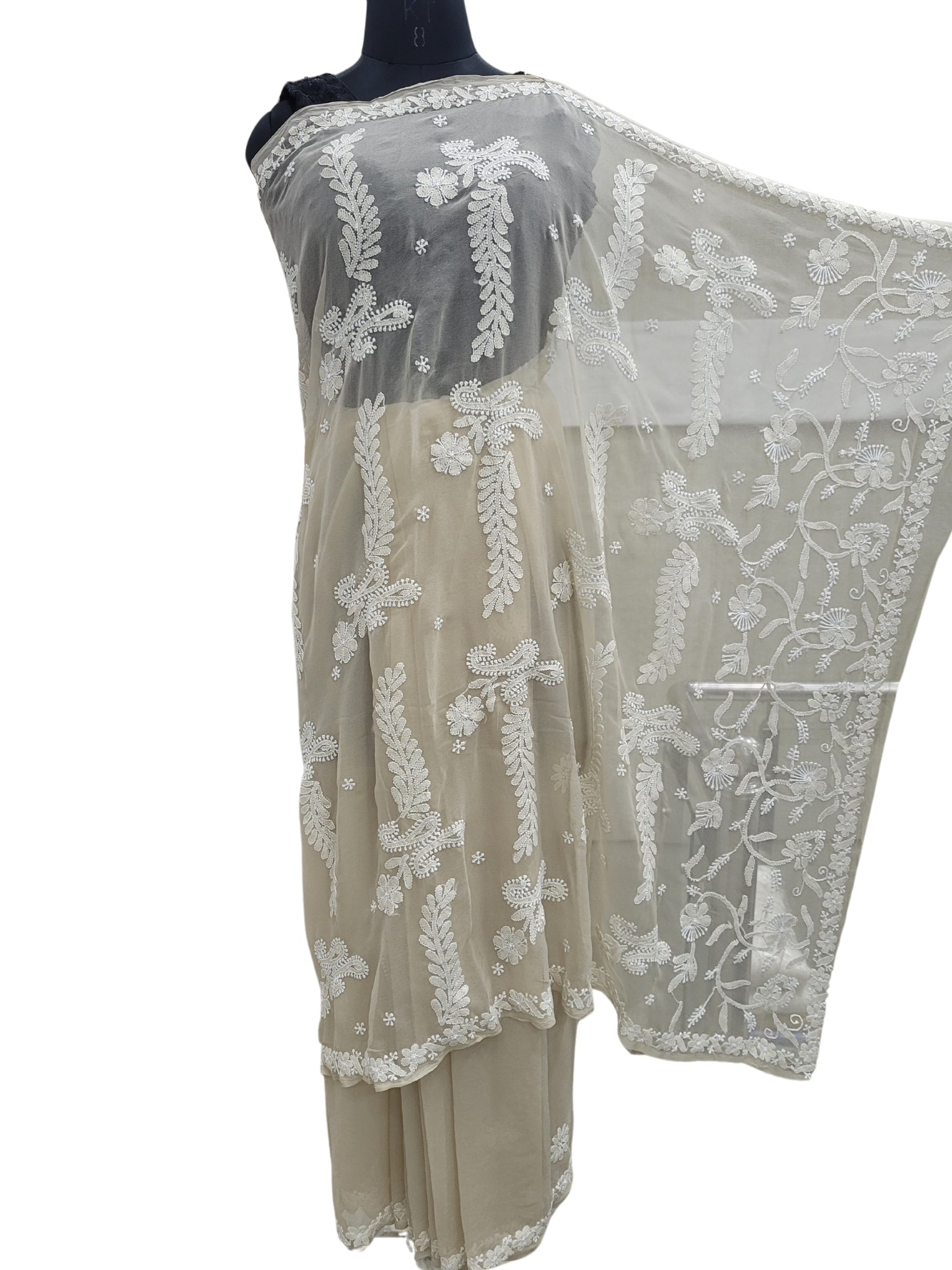 Shyamal Chikan Hand Embroidered Beige Georgette Lucknowi Chikankari Saree With Blouse Piece - S24977